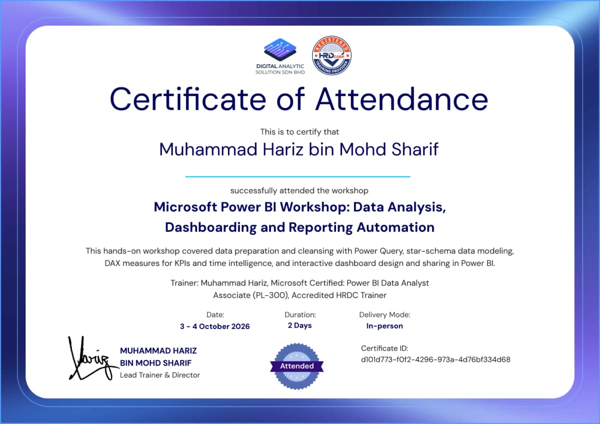 Example verifiable certificate of attendance for a Power BI workshop