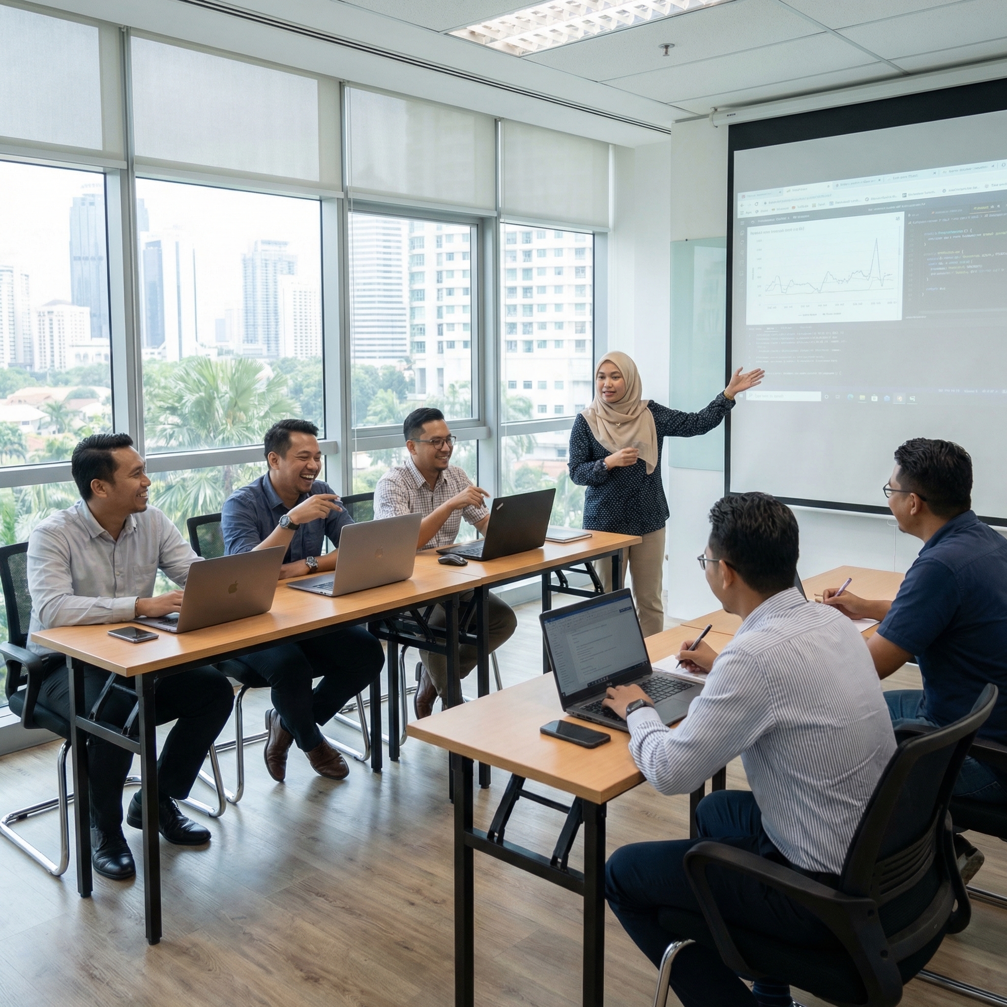 Small group learning session with trainer explaining on screen while participants use laptops