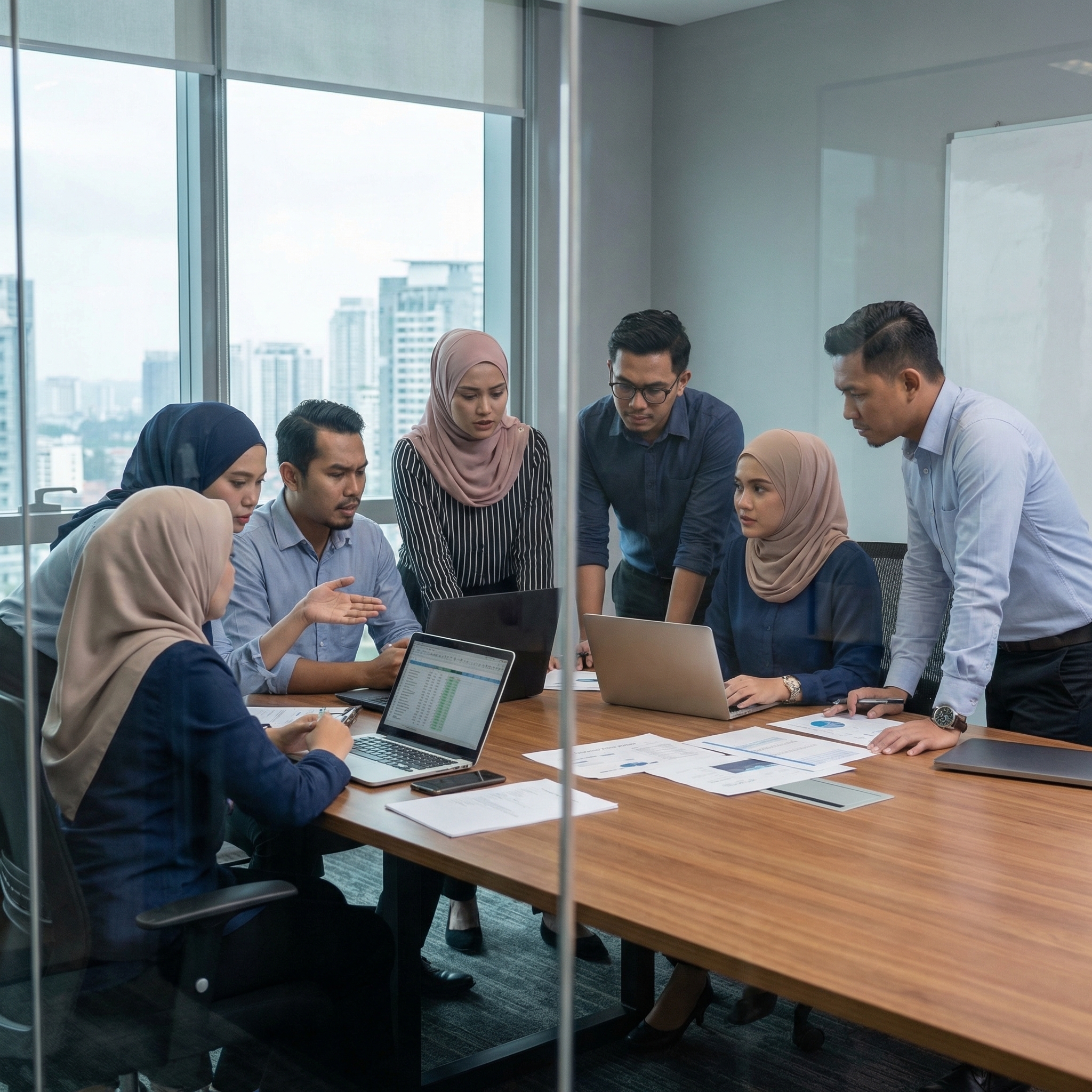 Group discussing work challenges around meeting table with laptops