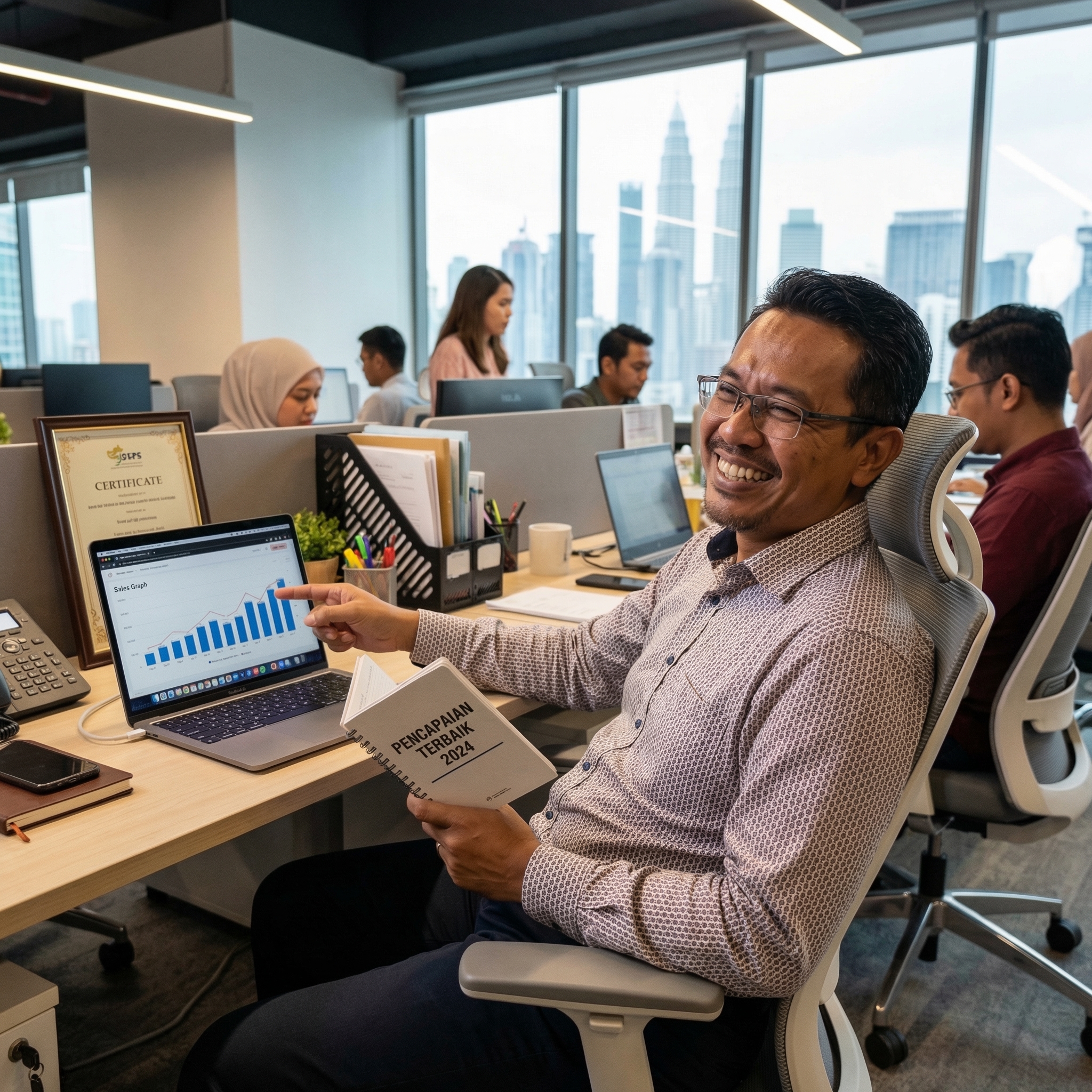 Professional celebrating achievement with satisfied smile at workspace