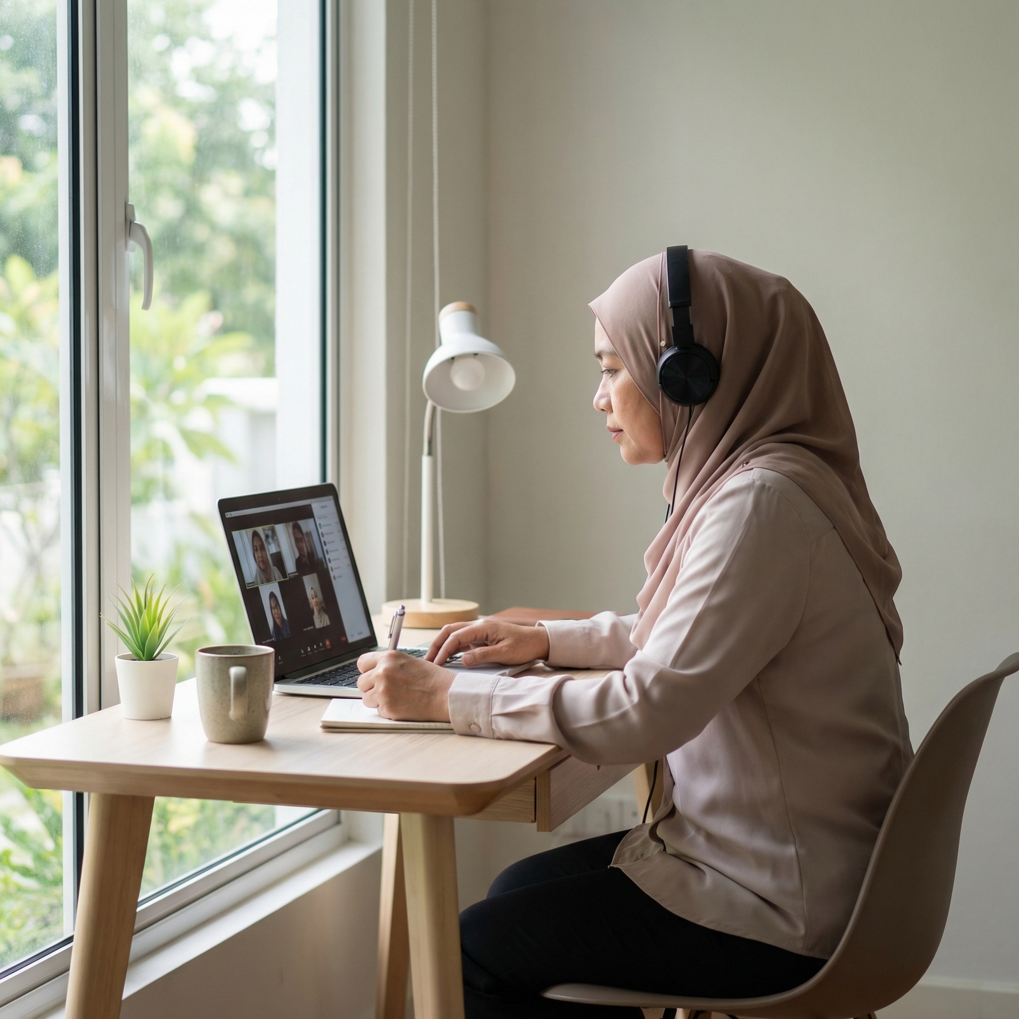 Professional attending online training on laptop in clean workspace